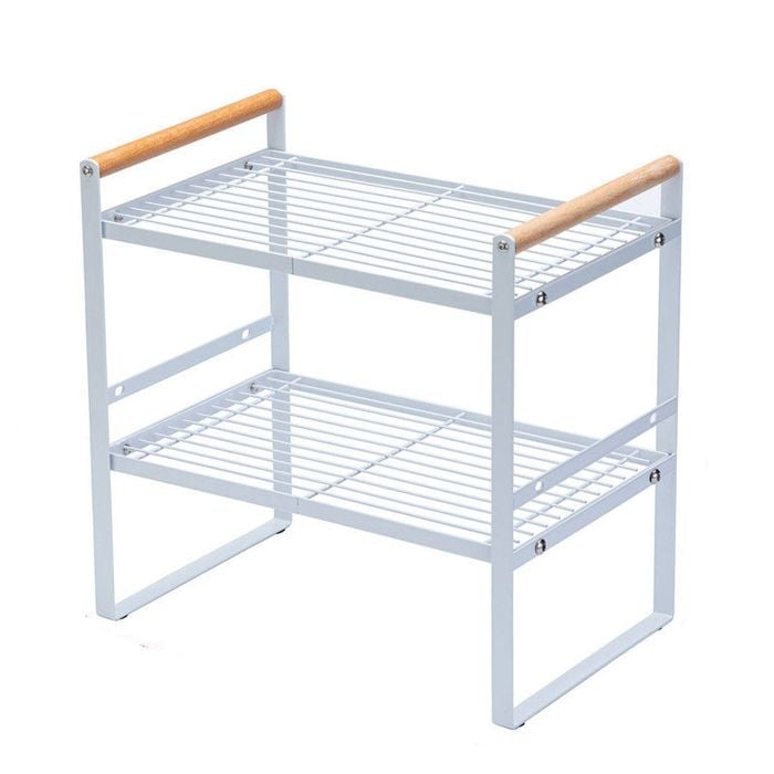 Catzon Counter Organizer Shelf 2-Tier with Wood Handle for Kitchen Bathroom-White(S)