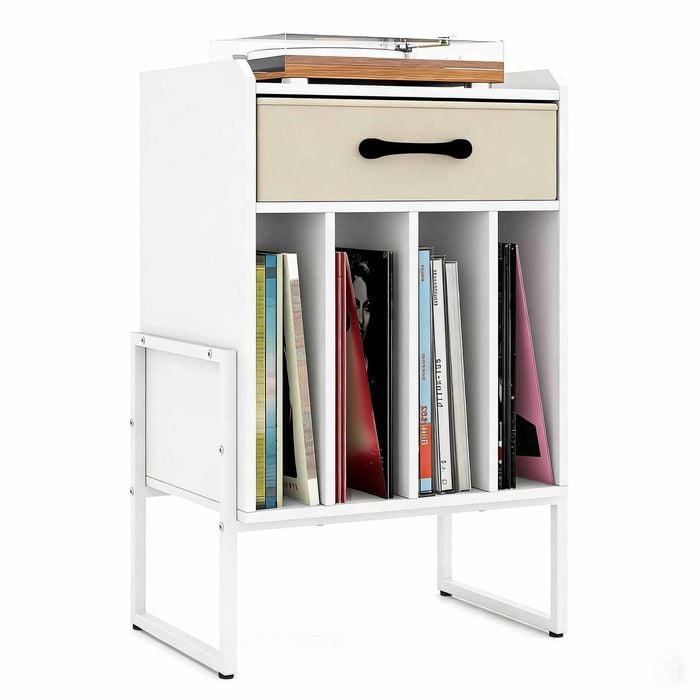 Costway Record Player Stand Turntable Drawer Vinyl Shelf Metal White