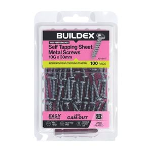 Buildex 10G x 30mm Zinc Plated Self Tapping Sheet Metal Screws - 100 Pack