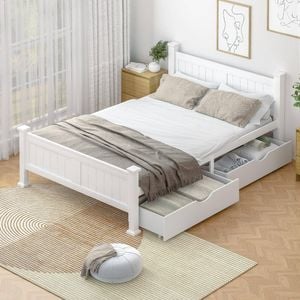 Oikiture Solid Pine Wood Bed Frame With 2 Trundle Drawers Queen