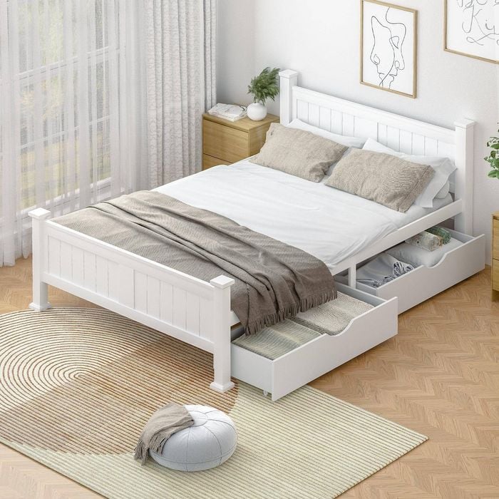 Oikiture Solid Pine Wood Bed Frame With 2 Trundle Drawers Queen