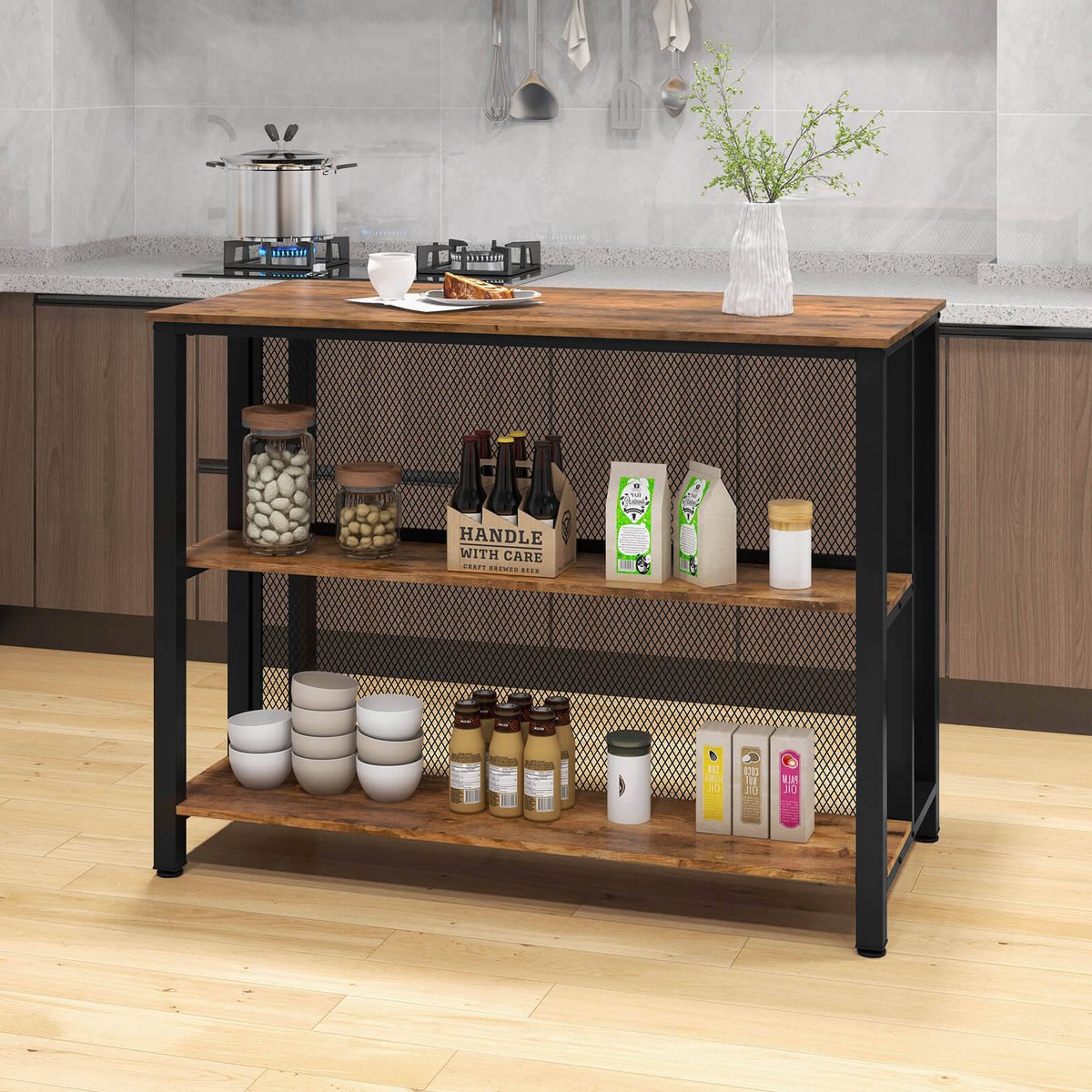 Costway Wood Kitchen Buffet Island Table 3 Tier Wine Bar Table, Brown ...
