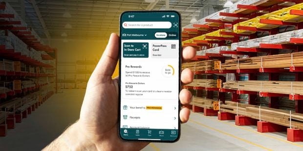 PowerPass App on a mobile device on top of a Bunnings store background