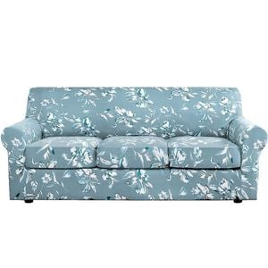 Smarcute 3 Seater Stretch Floral Pattern 4 Pieces Seperated Sofa Covers With Individual Cushions Light Blue