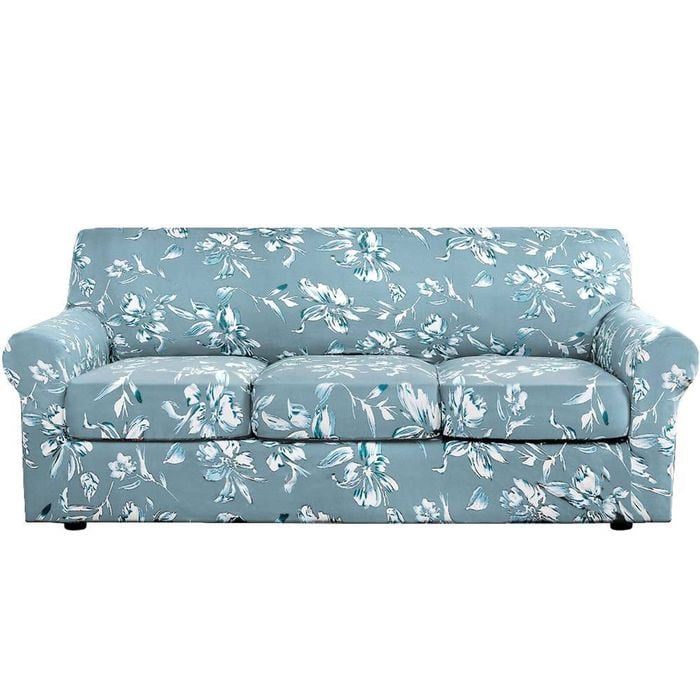 Smarcute 3 Seater Stretch Floral Pattern 4 Pieces Seperated Sofa Covers With Individual Cushions Light Blue