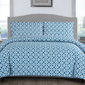 Artex Geometric Pattern Printed Quilt Cover Set Steel Blue Leaves Queen
