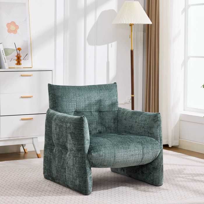 HOMFURN Modern Minimalist Low-Slung Single Accent Chair, Thick Padded Chenille Upholstered Lounge Armchair