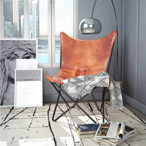 vidaXL Butterfly Chair Brown Real Leather Armchair Sleeper Chair Bedroom Seat Bunnings Australia