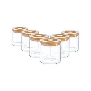 Argon Tableware 6 Piece Glass Jar With Wooden Lid Storage Container Set - Round Scandinavian Style Canister - 550ml
