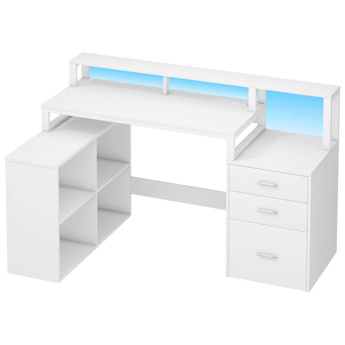 Advwin L Shaped Computer Desk with LED Lights & Power Outlets 151cm Home Office Desk with 3 Drawers and 4 Shelves White