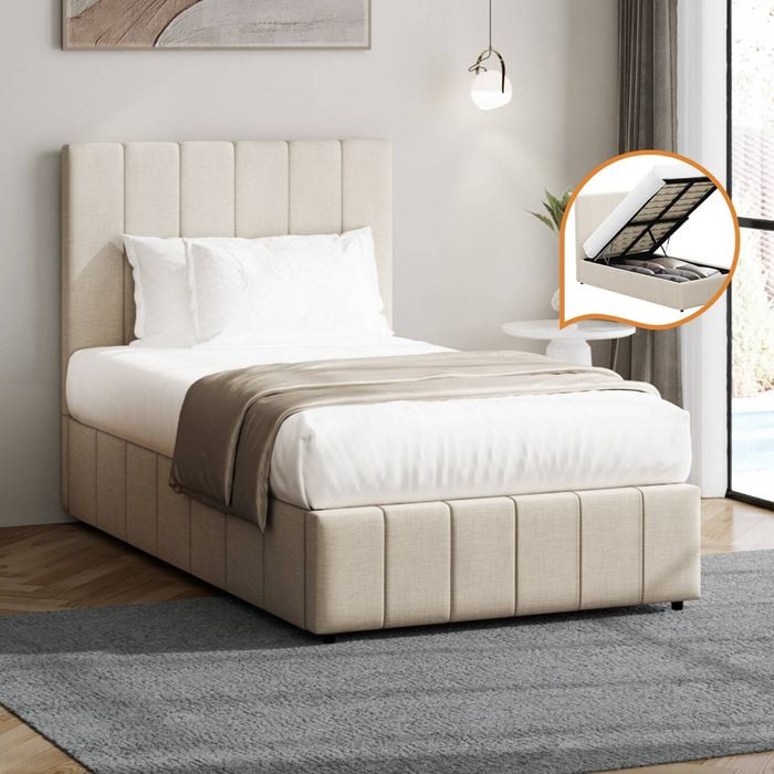 Oikiture Bed Frame Gas Lift Beige Fabric-King Single