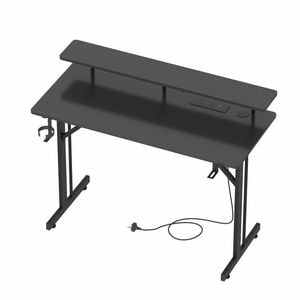 Advwin Gaming Desk with LED Lights & Power Outlets 100cm Computer Desk with Monitor Stand Black