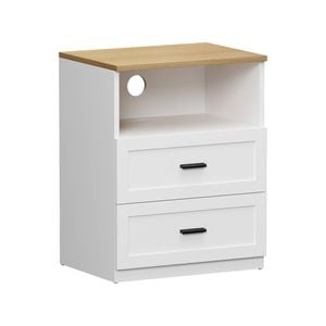 Oikiture Bedside Table 2 Drawers Open Shelf Nightstand Cabinet Natural&white
