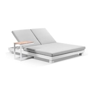 Santorini Aluminium Double Sun Lounge White With Side Table & Textured Olefin Grey Cushions