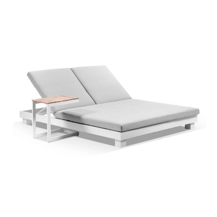 Santorini Aluminium Double Sun Lounge White With Side Table & Textured Olefin Grey Cushions