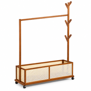 FORET Clothes Rack With Storage Basket Wood Look Garment Hanger On Wheels