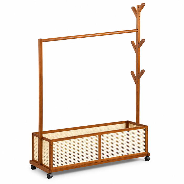 FORET Clothes Rack With Storage Basket Wood Look Garment Hanger On Wheels