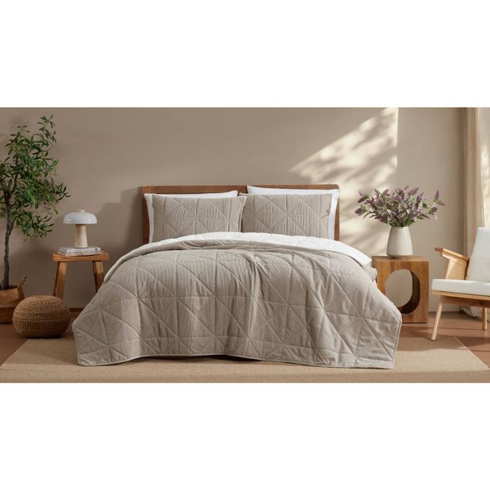 3pc Ardor Ridge Coverlet Set Quilted Corduroy Sherpa Bedding Beige Queen/King