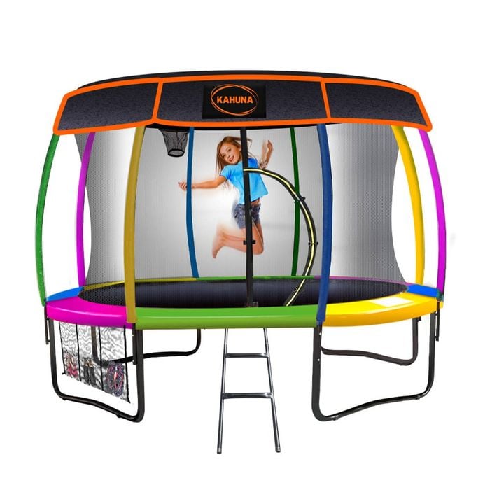 Kahuna Trampoline 8 Ft With Basketball Set And Roof Cover- Rainbow