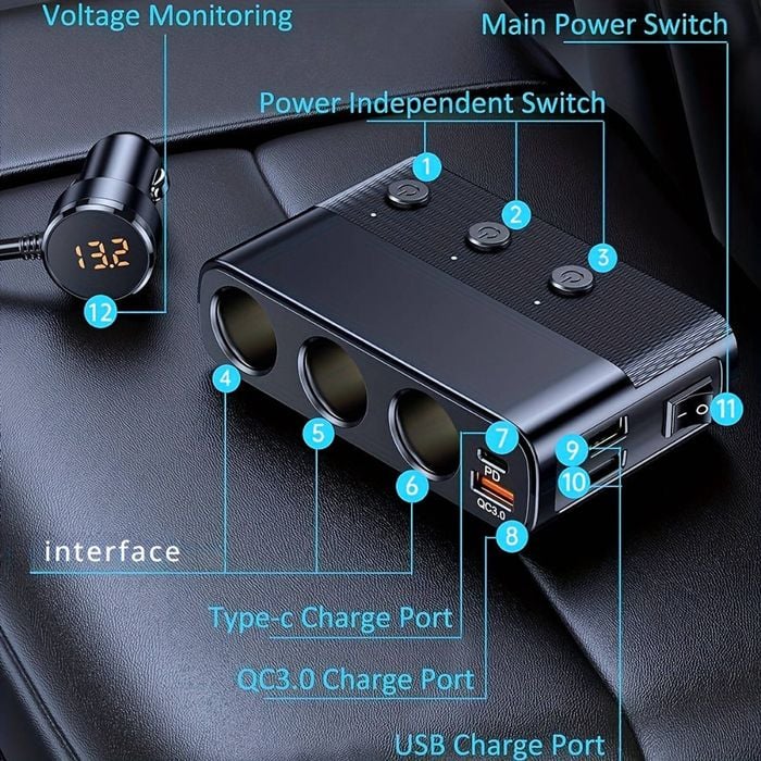 7 in 1 Camper Charger Adapter Cigarette Lighter Plug Splitter Independent  Switches