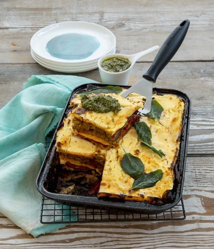 Lasagna sitting in a tray
