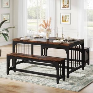 OAKORY 140cm 3 Piece Dining Table Set with Two Benches Rustic Brown Wood Grain