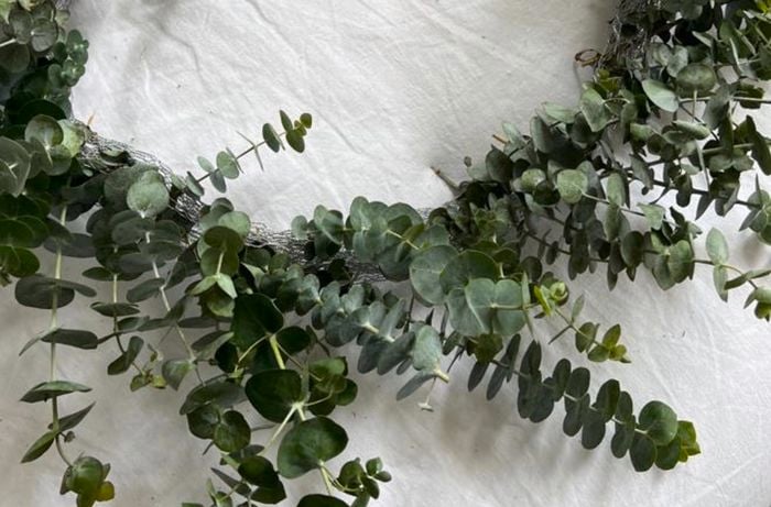 Leaves and foliage added to chicken wire wreath and a festive pattern