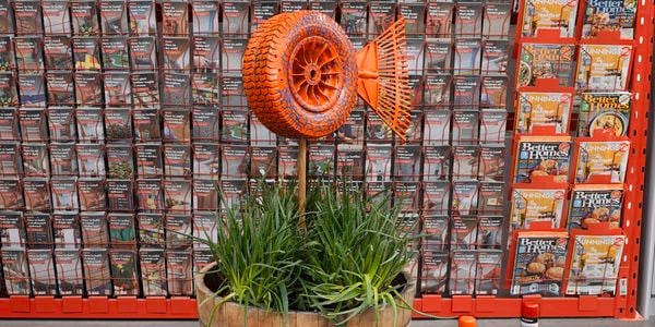 Wooden barrel with pole sticking out of it and tyre attached, painted orange.