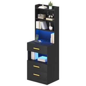 Ufurniture Tall Bedside Cabinet with Charging Station & LED Lights  Black