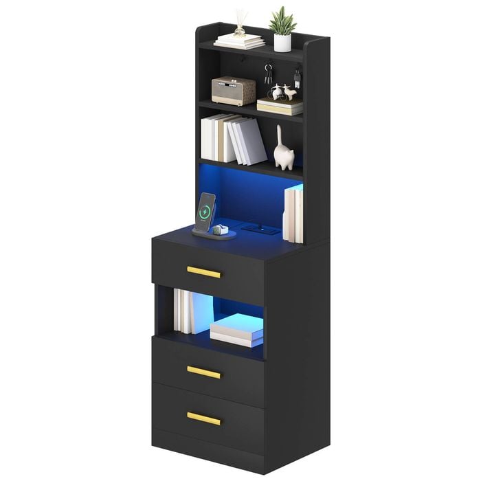 Ufurniture Tall Bedside Cabinet with Charging Station & LED Lights  Black