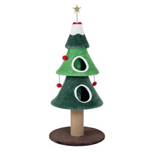 Costway 142cm Christmas Cat Tree Cat Tower w/Thick Jute Scratching Post Star Spring Toy 3 Decorative Hanging Balls-Green