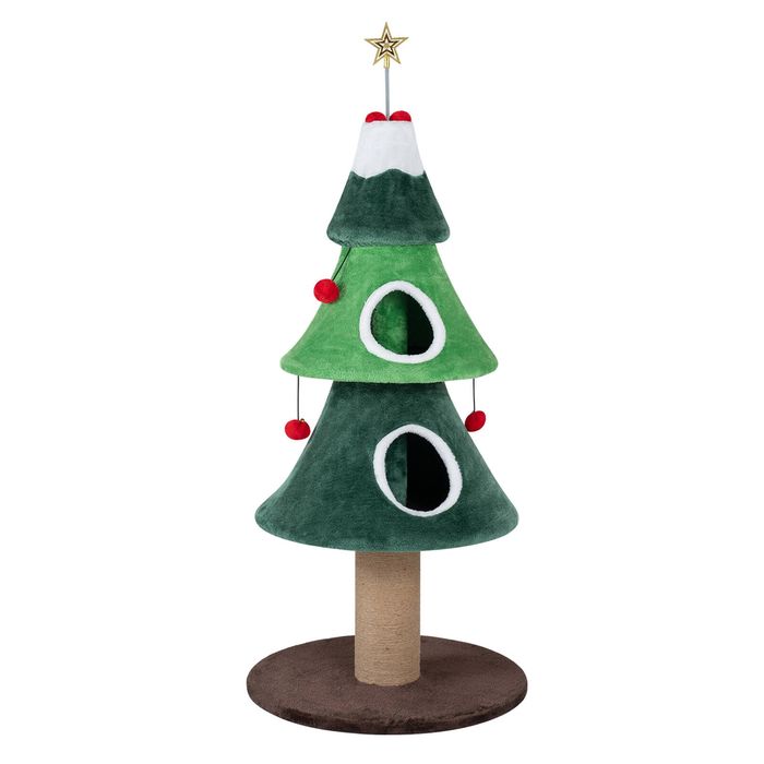 Costway 142cm Christmas Cat Tree Cat Tower w/Thick Jute Scratching Post Star Spring Toy 3 Decorative Hanging Balls-Green