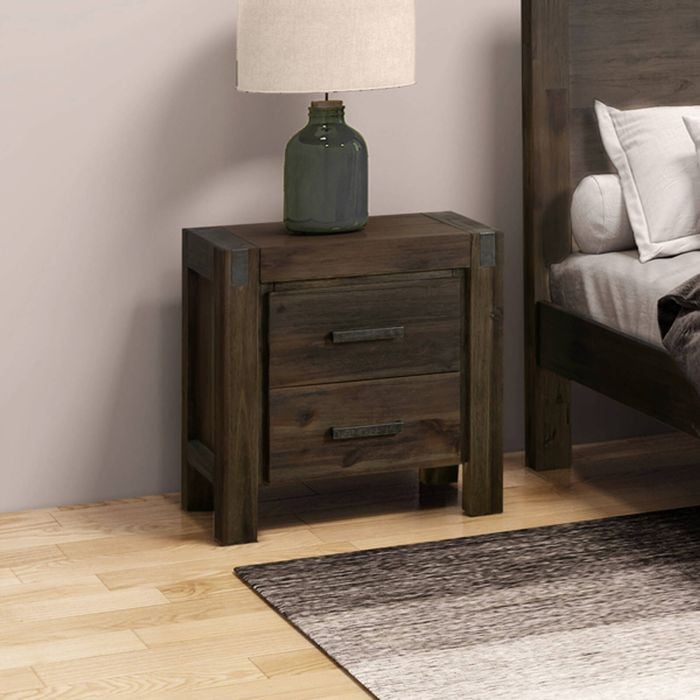 Bedside Table 2 drawers Side Table Night Stand Solid Wood Acacia Storage in Chocolate Colour