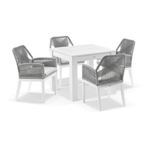 Santorini Outdoor 4 Seater Aluminium Dining Table White With Hugo Chairs & Grey Rope/textured Olefin Cushions