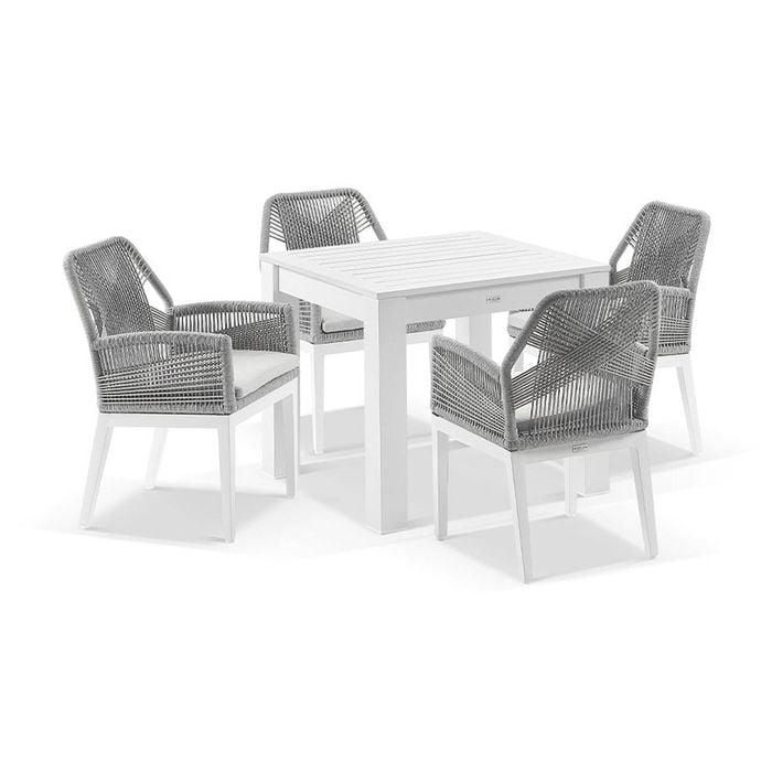 Santorini Outdoor 4 Seater Aluminium Dining Table White With Hugo Chairs & Grey Rope/textured Olefin Cushions