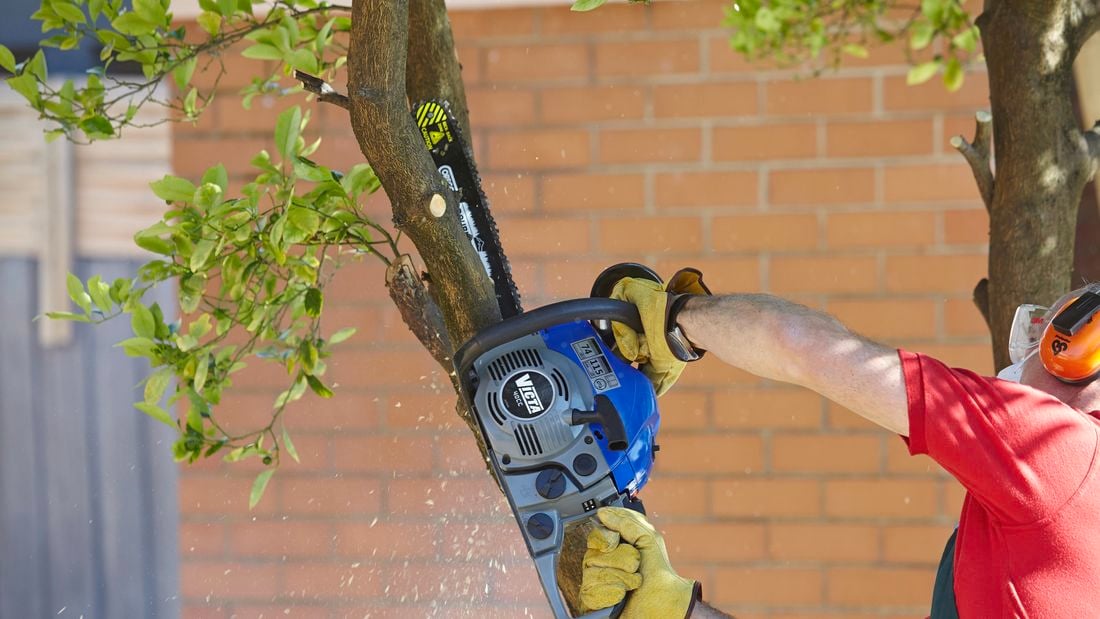 A person cutting a tree branch with a chainsaw