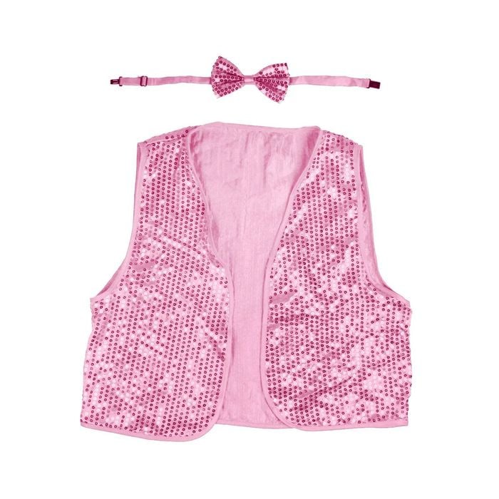 Kids Sequin Vest Bow Tie Set Costume 80s Party Dress Up Waistcoat Light Pink