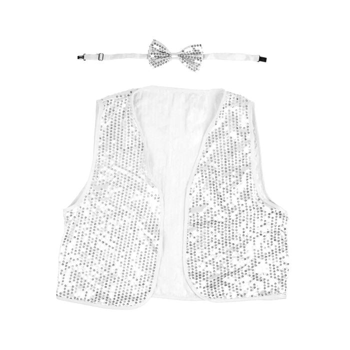 Kids Sequin Vest Bow Tie Set Costume 80s Party Dress Up Waistcoat Silver