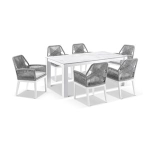 Hugo Ceramic 1.8m Outdoor Aluminium Dining Table White With 6 Rope Chairs & Grey W/textured Olefin Cushions