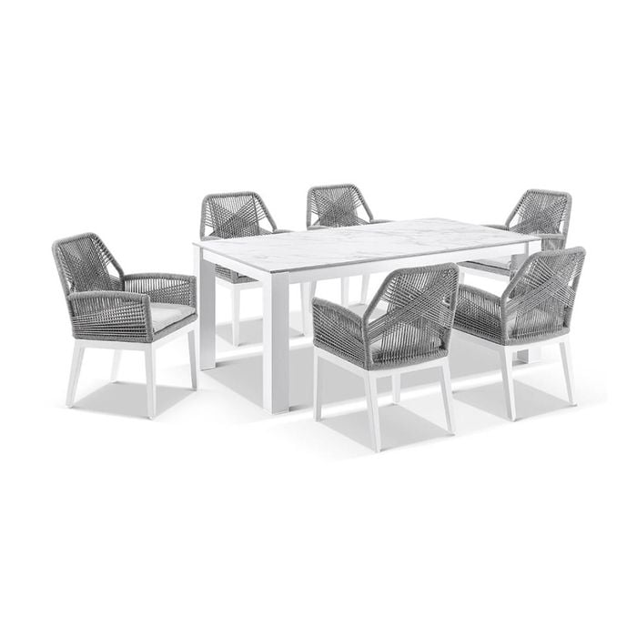 Hugo Ceramic 1.8m Outdoor Aluminium Dining Table White With 6 Rope Chairs & Grey W/textured Olefin Cushions