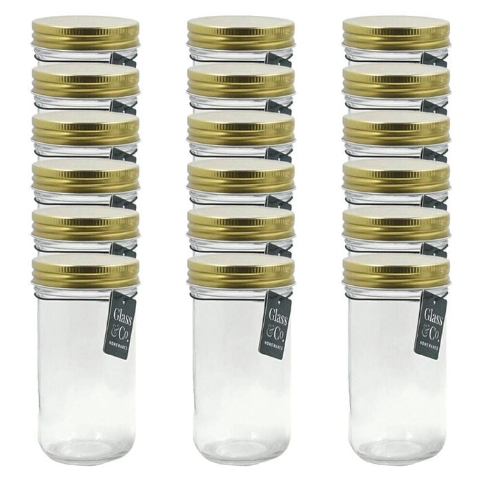 18PK Glass & Co Olivia Round Metallic Lid Jar Container 350ml Clear Assorted