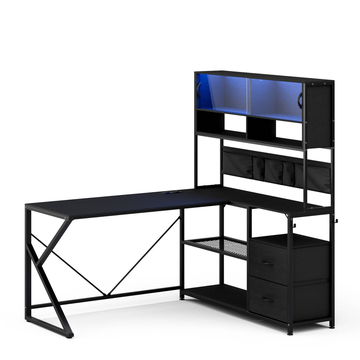 Advwin L Shaped Gaming Desk with LED Lights & Power Outlets Reversible ...