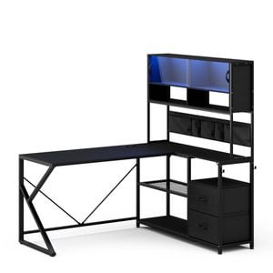 Advwin L Shaped Gaming Desk with LED Lights & Power Outlets Reversible 130cm Computer Desk with Display Cabinet Black