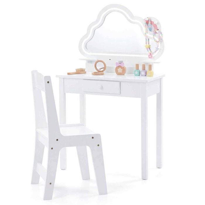 Costway Kid Vanity Set Lighted Cloud Mirror 2in1 Dressing Jewelry Rack White