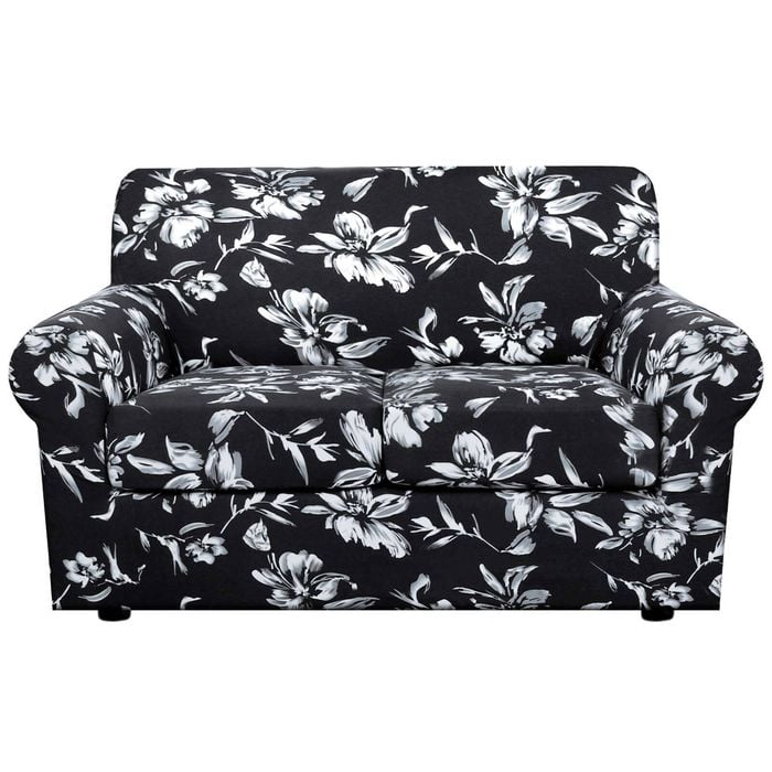 Smarcute 2 Seater Stretch Floral Pattern 3 Pieces Seperated Sofa Covers With Individual Cushions Black