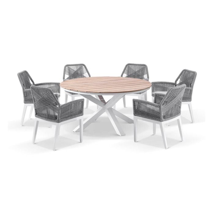 Tuscany 1.5m Aluminium And Teak Dining Table White 6 Hugo Chairs & Grey Rope/textured Olefin Cushions