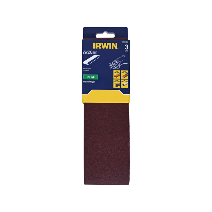 IRWIN 75 x 533mm 120 Grit Sanding Belts - 3 Pack