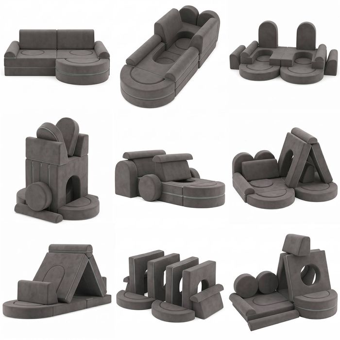 Ufurniture 16pcs Kids Modular Play Couch Convertible Toddler Sofa Set Play Sofa Kids Play Set Grey