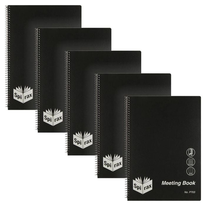 5pc Spirax A4 Spiral Meeting Book Office Note Writing Stationery 140-pages Black