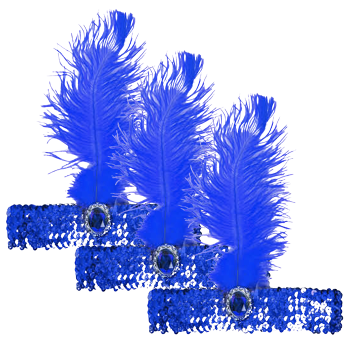 3x 1920s FLAPPER HEADBAND Headpiece Feather Sequin Charleston Costume Gatsby - Blue - Blue | Headband